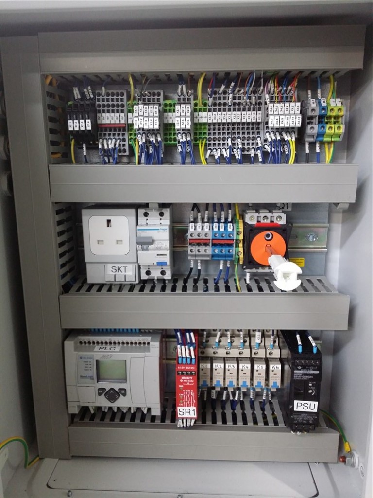 Control panel interior with PLC, relays and power supply