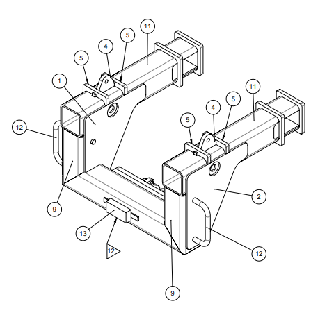 Isometric assembly drawing showing two cylinders, side plates and a connecting frame